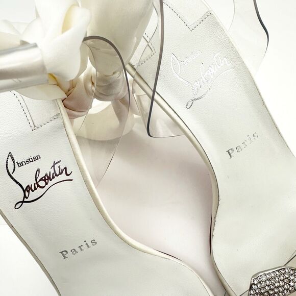 CHRISTIAN LOUBOUTIN Astrinodo Crystal Bow PVC White Sandal Size 38.5 Heel - Picture 11 of 16